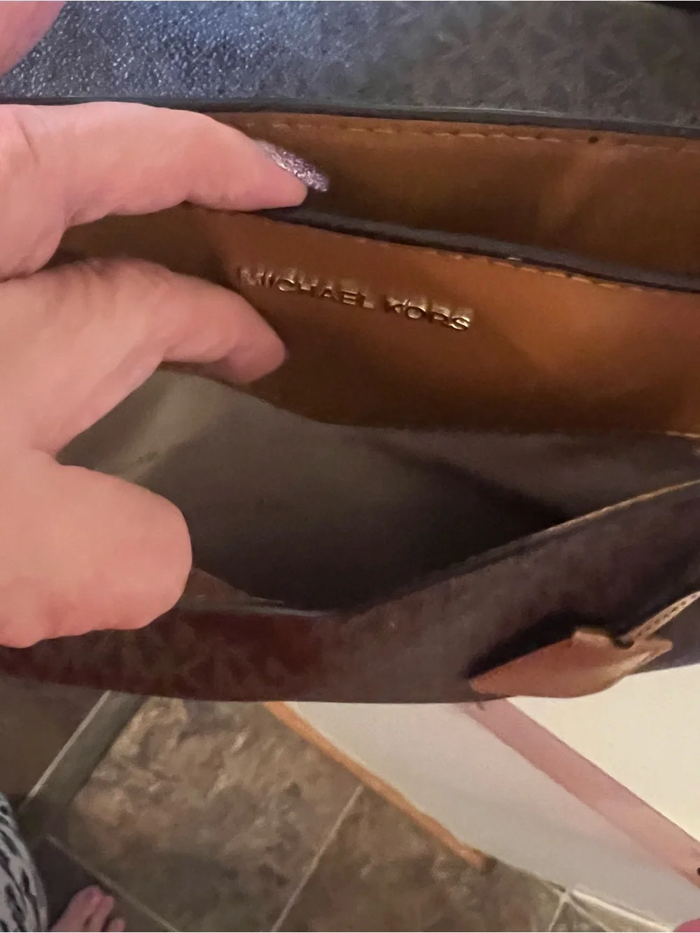 Michael Kors Dark Brown MK Logo Tote with Tan Trim and Red Tag Accent